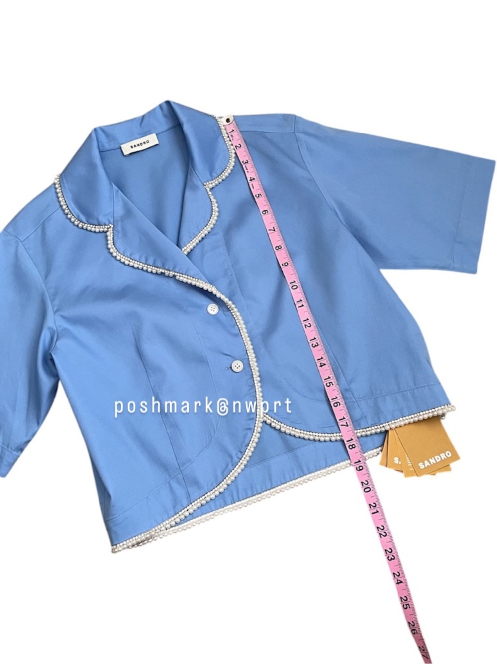 NWT 💯 SANDRO Paris Pearl Rhinestone Beaded Cotton Blouse Top Shirt Blue 34 0 XS - Picture 9 of 12